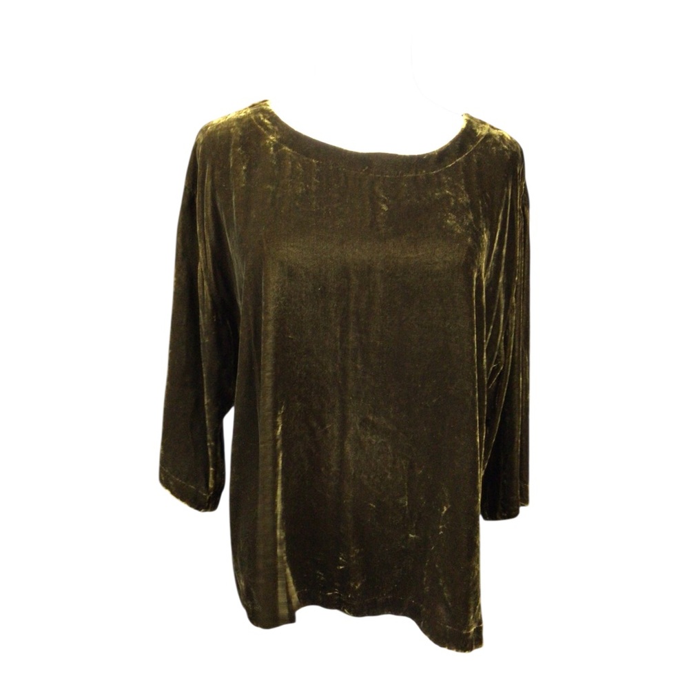 Eileen Fisher Velvet Olive Green Silk Blend Top Casual Scoop Neck Sz S/P Boxy